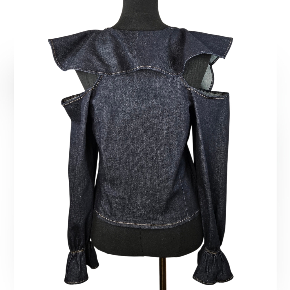 The Attico Ruffle Denim Blouse Scoop Neck Cold Shoulder Made in Italy | US Small - Picture 4 of 11
